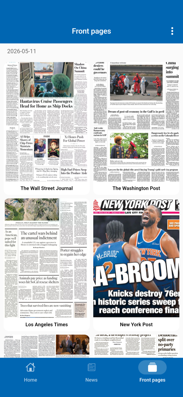 News app showing today's printed front pages: The Wall Street Journal, The Washington Post, Los Angeles Times and New York Post