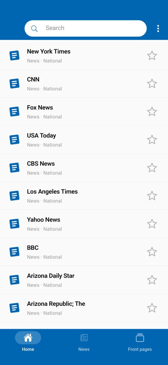 News app home screen listing newspapers: New York Times, CNN, Fox News, USA Today and more