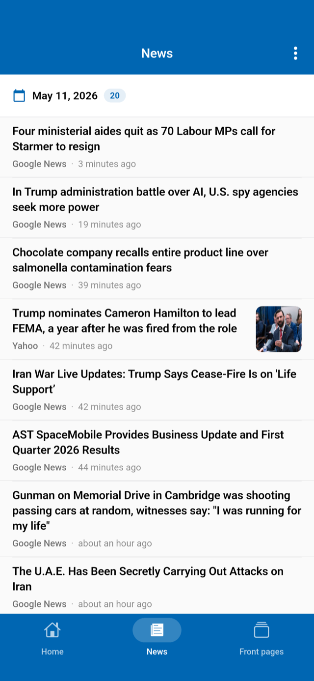 News app latest headlines stream with sources and timestamps